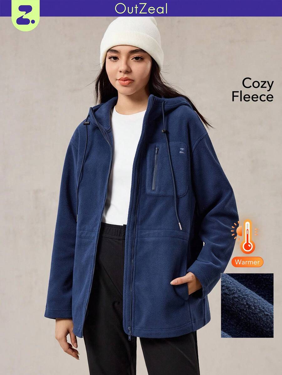 OutZeal Women Thermal Fleece Drawstring Waist Hip Length Outdoor Fleece Jacket Winter Fall Hiking Camping - Navy Blue - View 1