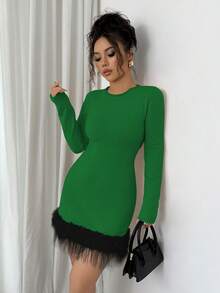 Elenzga Vestido de suéter casual de mujer con flecos - Verde Oliva - Ver 1