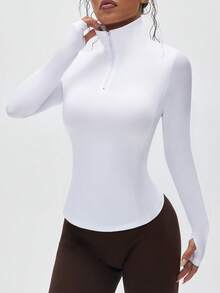 Gameset SHEIN Sport 女式基本款拉链领长袖 Polo 衫，弧形下摆，适合瑜伽、健身、户外活动 - 白色 - 查看 4