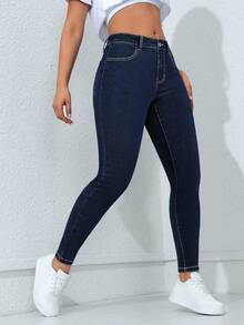 SHEIN PETITE Quần Jeans Denim Túi Ôm Vừa Vặn Thường Ngày Màu Trơn Cho Nữ - Rửa tối - Xem 3