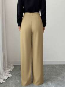 SHEIN Tall 女士休闲阔腿裤，带口袋和拉链，优雅商务通勤裤，卡其色搭配黑色，适合秋冬季、约会、上学、工作等场合。 - 駝色 - 查看 2