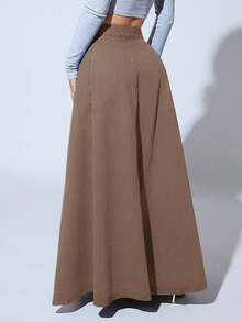 SHEIN SXY Chân váy denim dài thường ngày cài nút phía trước cạp cao cho nữ - Màu Khaki - Xem 2
