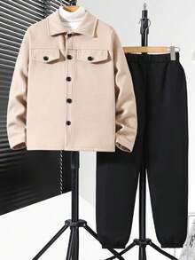 2 piezas Conjunto de chaqueta y pantalones casuales de lana y caqui para adolescentes, adecuado para salidas de otoño/invierno - Caqui - Ver 3