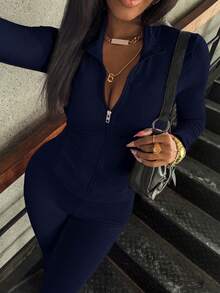 INAWLY Solva 2 件套女士休闲纯色长袖上衣和修身长裤套装，秋季 - 藏蓝色 - 查看 1