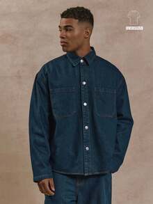 Musero 超大款长袖纽扣衬衫，秋冬必备牛仔衬衫 - 深色水洗藍 - 查看 2