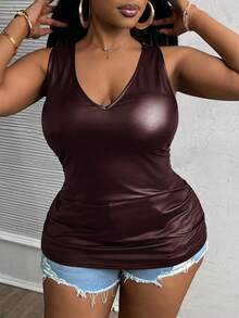 Slaydiva Áo hai dây PU nhún bèo cổ chữ V ôm sát cỡ lớn cho nữ - Màu nâu  Mocha - Xem 3