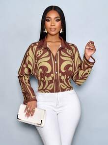 SOLERSUN 性感优雅的通勤定位艺术印花棕色秋冬女式衬衫上衣秋季女装冬季女装感恩节女装返校教师 - 棕色 - 查看 6