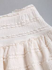 Sweetra 女士纯色纹理圆领背心和蛋糕中长裙两件套 - 杏色 - 查看 4