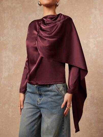 Lumalex Långärmad blus med satinkrage och sjalkrage