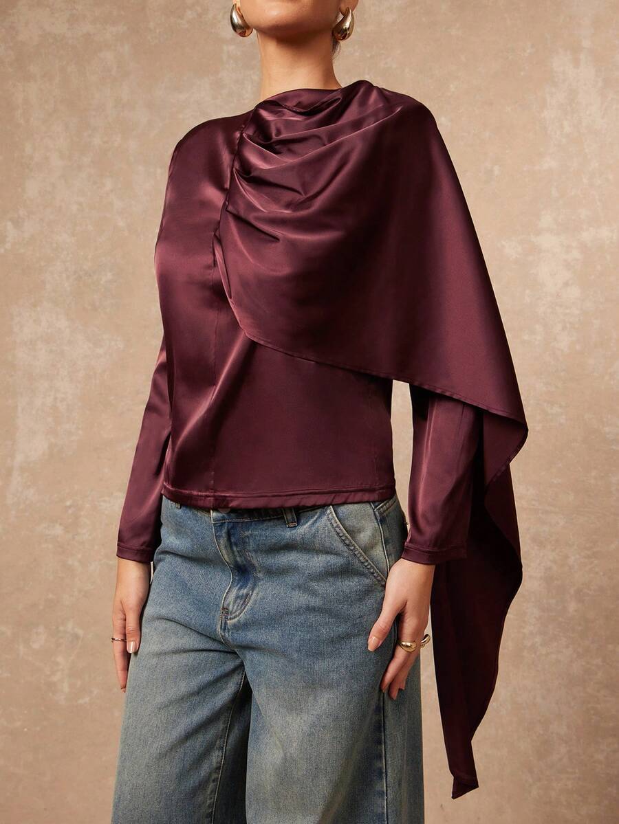 Lumalex Winter Fall Satin Shawl Collar Long Sleeve Women Blouse Luxury Prom Gathering Party Banquet Modest Old Money Coquette Glitter Holiday Party Rave Festival Outing Vacation Hot Outdoor Richly Layered Wedding Season Banquet ID Al-Adha Al-Adha Party New Year Looks Of Party Party Dress For Autumn - Red Violet - View 1