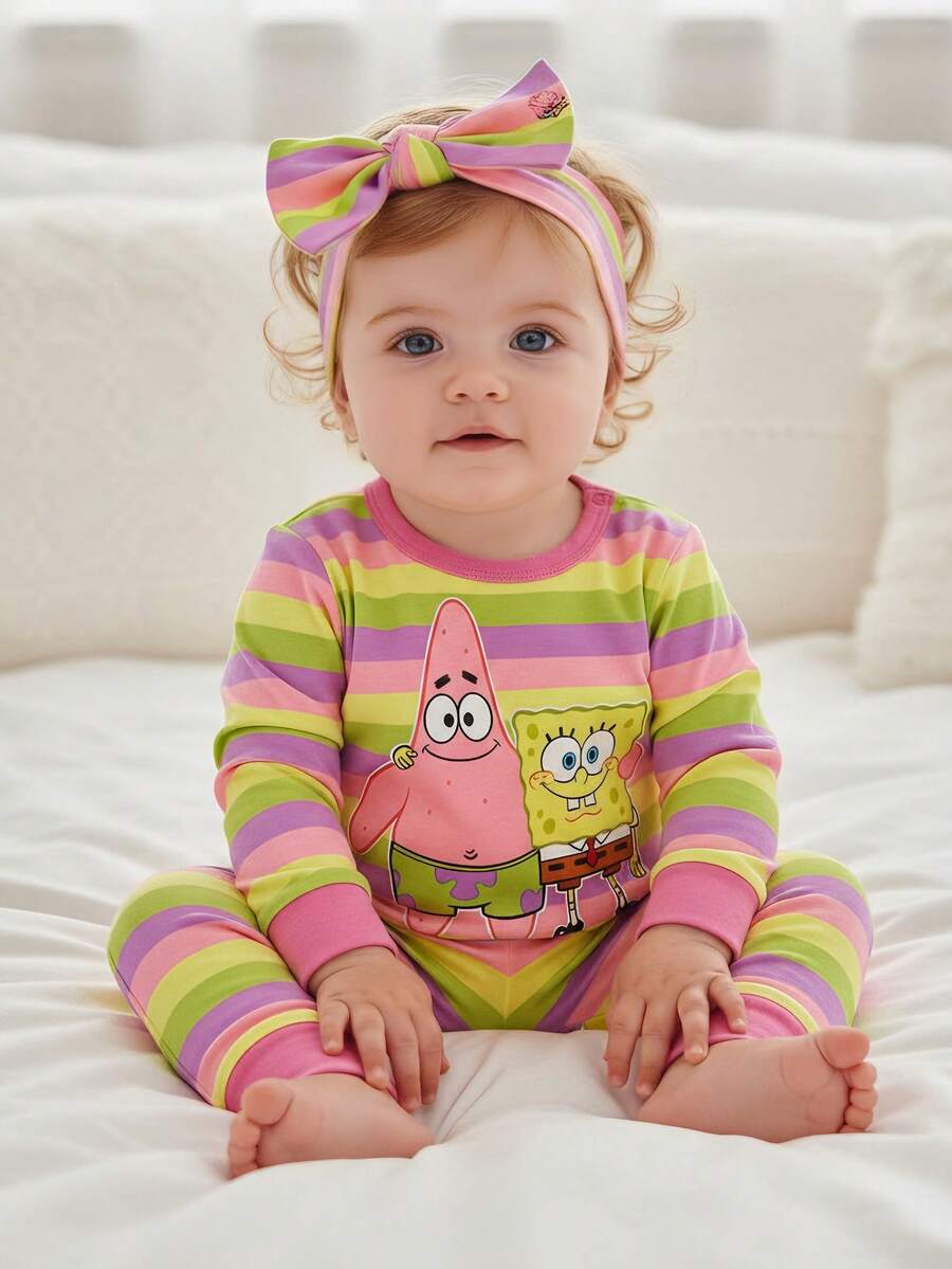 SpongeBob SquarePants | SHEIN 2 件套女婴卡通条纹圆领长袖上衣和裤子针织舒适休闲弹力睡衣套装 - 西瓜粉 - 查看 1