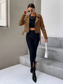 SHEIN Essnce Fashionable Solid Color Belted Cropped Jacket, Autumn - Brown - View 6