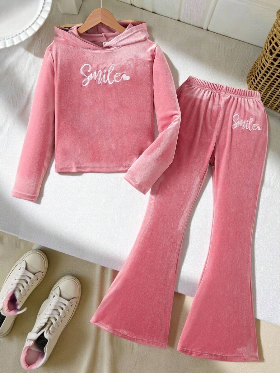 2pcs Tween Girls Casual Loose Comfortable Soft Letter Embroidered Hoodie Sweatshirt And Flare Pants Set - Pink - View 1