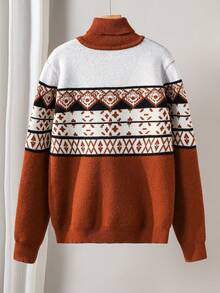 男士菱格纹高领圣诞假日毛衣，费尔岛图案长袖套头衫，棕色学院风圣诞假日针织衫 - 駝色 - 查看 2