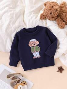 SHEIN Playful Pals Baby Boys Cute Cartoon Bear Round Neck Long Sleeve Regular Knit Sweater, Suitable For Spring, Autumn And Winter Baby Knitwear Baby Boy Sweater Knitted Sweater Baby Jumper Toddler Sweater Baby Clothes Boy Baby Boy Jumper Baby Sweater Sweater For Baby Boy Blueberry Baby Outfit Baby Clothes Fall Sweater Sweater With Dog Print - Royal Blue - View 4