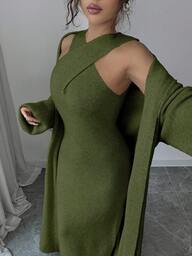 Elenzga Elegant Solid Color Cross Neck Minimalist Niche Design Casual Knit Set, Bodycon Halter Neck Dress, Solid Color Long Minimalist Vintage Style Cardigan, Suitable For Commuting And Outings