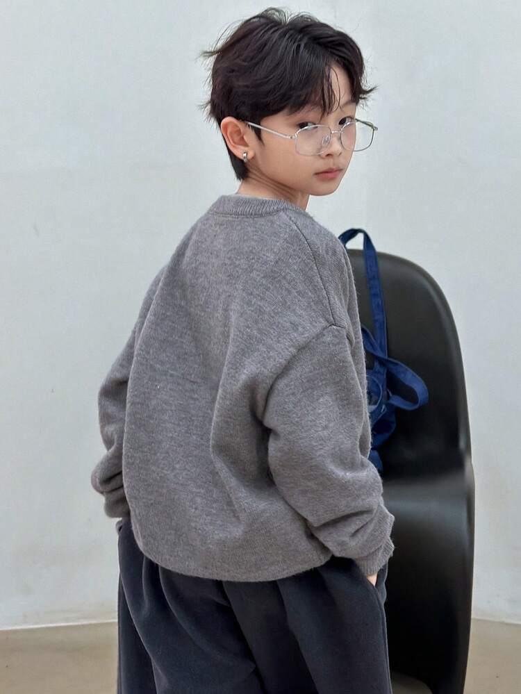 Oversized Boys Casual Patterned Knit Sweater, Autumn