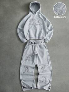 PAVTROS 男士街头风流行INS同款LA刺绣毛巾二合一双腰拉链裤，适合户外音乐节、夜店、酒吧等场合，也可作为男友/老公礼物、周年纪念礼物，浅灰色连帽衫套装 - 灰色 - 查看 5