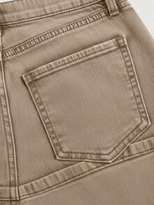 SHEIN MOD Chân váy denim mini túi xéo màu trơn đơn giản dành cho nữ, mùa hè - Màu Khaki - Xem 4