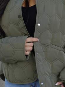 SAYEHFBABY 休闲几何圆领口袋加厚保暖聚酯纤维合成保暖冬季外套冬季夹克 - 軍綠色 - 查看 6