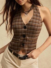 Easelle Áo vest nữ hở lưng họa tiết kẻ caro nhẹ nhàng, phù hợp mặc đi làm, đi chơi và thường ngày - màu nâu - Xem 9