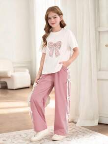 Sparklyn Bộ 2 món/Bộ trang phục nơ đính đá cho bé gái và quần nơ sọc, thời trang đường phố - Hồng - Xem 7