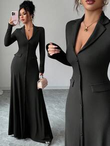 SHEIN Elenzya Gaun Rajut Elegan Bergaris Polos Ukuran Standar Wanita, Musim Gugur/Dingin - Hitam - View 8