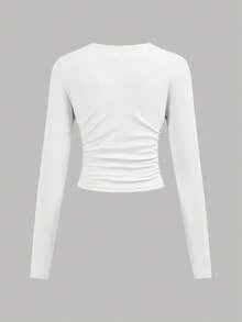 SHEIN Girlism 3pcs/Set Tween Girls' Fitted Casual Solid Color Round Neck Ruched Long Sleeve T-Shirt - Baby Pink - View 7