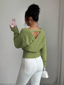SHEIN Elenzya 女士时尚优雅纯色V领露背毛衣 - 綠色 - 查看 6