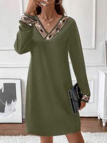 LanaWest V-Neck Dress With Sequins Trim On Collar And Cuffs - Multicolor - View 5