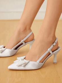 CUCCOO HITCHD Women's Pink Lace Pointed Toe Backless Pearl Bow Net Mesh High Heel Shoes For Christmas - White - View 8