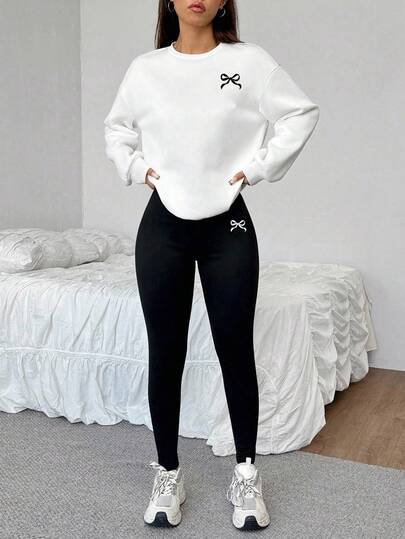 SHEIN EZwear 2pcs/Set Casual Loose Crew Neck Sweatshirt And Skinny Leggings Pants,Bow Pattern, Minimalist, Streetwear, Vintage, Back To School, Retro, Fall Women's Casual Outfits, Autumn And Winter, School Clothes, Country, Hip-Hop, Sports, Fitness, Gym