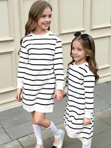 Tween 女童长袖黑白条纹毛衣裙，适合春秋冬三季，可搭配羽绒服、外套、棉服 - 黑與白 - 查看 8