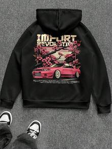 Manfinity Dauomo Y2K赛车与樱花图案T恤，男士宽松舒适长袖连帽T恤，适合休闲户外穿着 - 黑色 - 查看 2