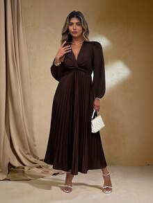 Roveilla 大码女式新款优雅扭结褶皱喇叭宽松派对及工作长袖连衣裙 - 咖啡棕 - 查看 3