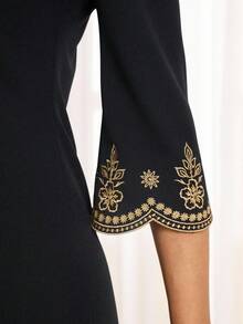 Miaspire Woman's Square Neck Elegant Slim-Fit Embroidered Dress. - Black - View 7