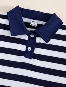 Casuvi Kids 1pc Girls' Fresh School Style Blue & White Striped Polo Collar Dress (Flutter Sleeves + Ruffle Hem Design), Regular Thickness, Casual, Summer - Black and White - View 4