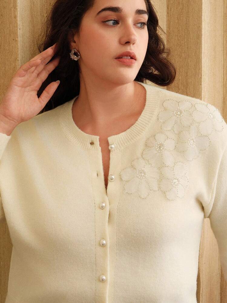 Plus Size Solid Color Knitted Elegant Pearl Button Floral 3D Decor Cardigan For Women, Autumn/Winter