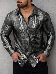 Manfinity Roughcore Áo sơ mi nam dài tay cài cúc phía trước in họa tiết da rắn, Áo sơ mi nam in họa tiết da rắn, Áo sơ mi nam dài tay màu bạc, Áo sơ mi nam đính sequin. - Xám - Xem 4