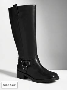 SHUZIA Women's Wide-Calf Fashion Comfortable Block Heel Mid-Calf Combat Boots With Strap And Hardware Decor For Christmas - Black - View 9