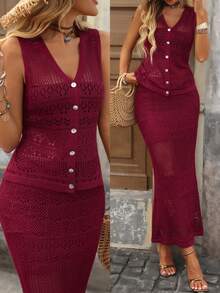 Brillora Bộ 2 món áo len không tay cổ chữ V cài nút phía trước và chân váy trơn màu dành cho nữ - Màu Đỏ Sâu - Xem 2