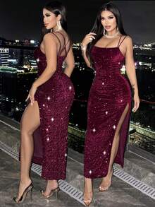 Chiquease Women's Coffee Brown Sexy Shiny Sequin Fabric Party/Date/Halloween/Valentine's Day New Arrival Concert Outfit Evening Birthday Club Dresses Women Sleeveless Elegant Cute High Elasticity Comfortable Soft Skin-Friendly Figure-Flattering Slit Suspender Long Dress - Burgundy - View 2