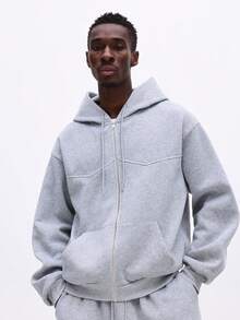 SUMWON Conjunto de sudadera con capucha con cremallera y pantalón de pierna ancha de felpa jaspeada con bolsillo central - Gris - Ver 3