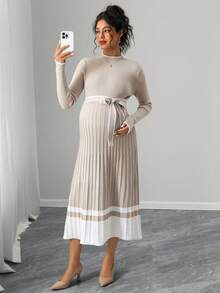 Momance Maternity Pleated Stand Collar Striped Print Belted Long Sleeve Sweater Dress - Apricot - View 3