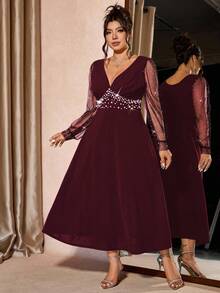 Cravure 大码女士奢华派对礼服，甜心领口透视闪亮长袖修身连衣裙，秋冬款 - 酒紅色 - 查看 4