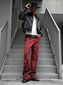 Manfinity EMRG 男士做旧直筒喇叭牛仔裤 做旧红色牛仔裤 男士喇叭牛仔裤 酒红色牛仔裤 男士 男士喇叭牛仔裤 - 酒紅色 - 查看 5