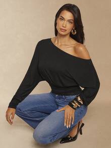 Silquee 女士优雅通勤纯色不对称领蝙蝠袖上衣 - 黑色 - 查看 6