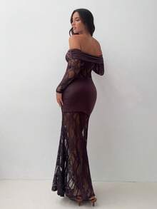 Aloruh Brown Retro Sexy High-End Elegant Party Banquet Off-Shoulder Ruched Mesh Patchwork Long Sleeve Extra Long Women's Dress, Suitable For Winter, Valentine's Day, New Year - Brown - View 7