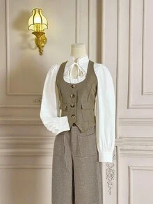 SHEIN MOD 复古格纹U领前开襟纽扣口袋休闲西装背心外套，秋冬季款