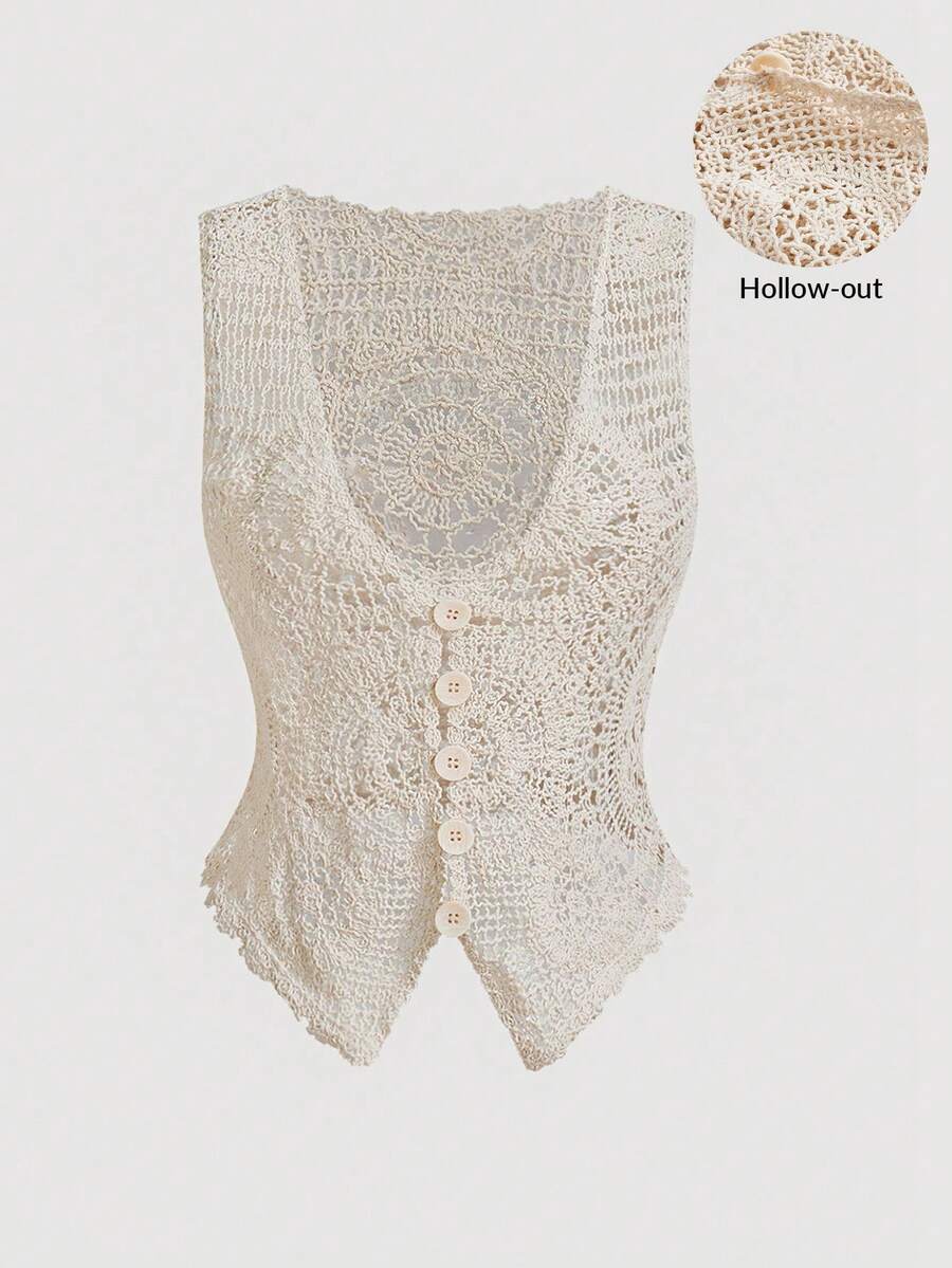 SHEIN MOD Áo Cardigan mỏng không tay thiết kế nút màu trơn cho nữ - Màu be - Xem 1